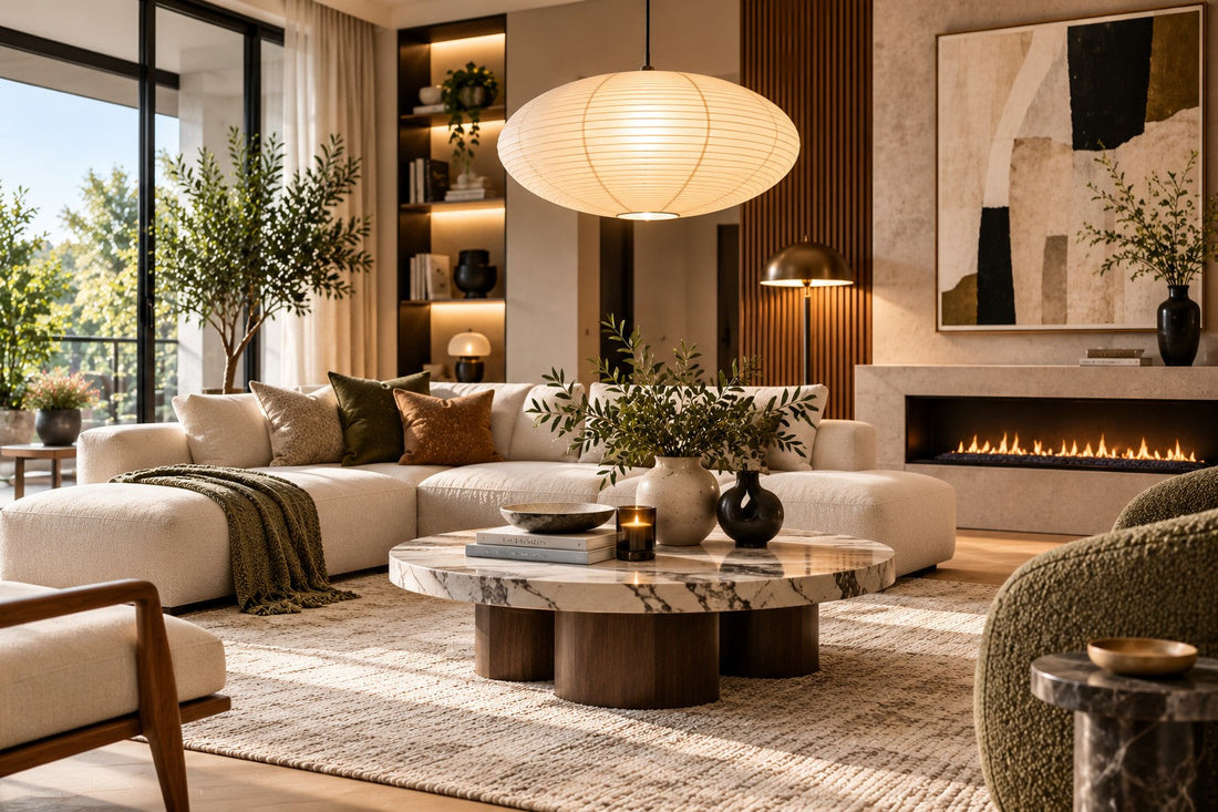 Modern living room with a cream sofa, wooden coffee table, table lamp and decorative accessories.