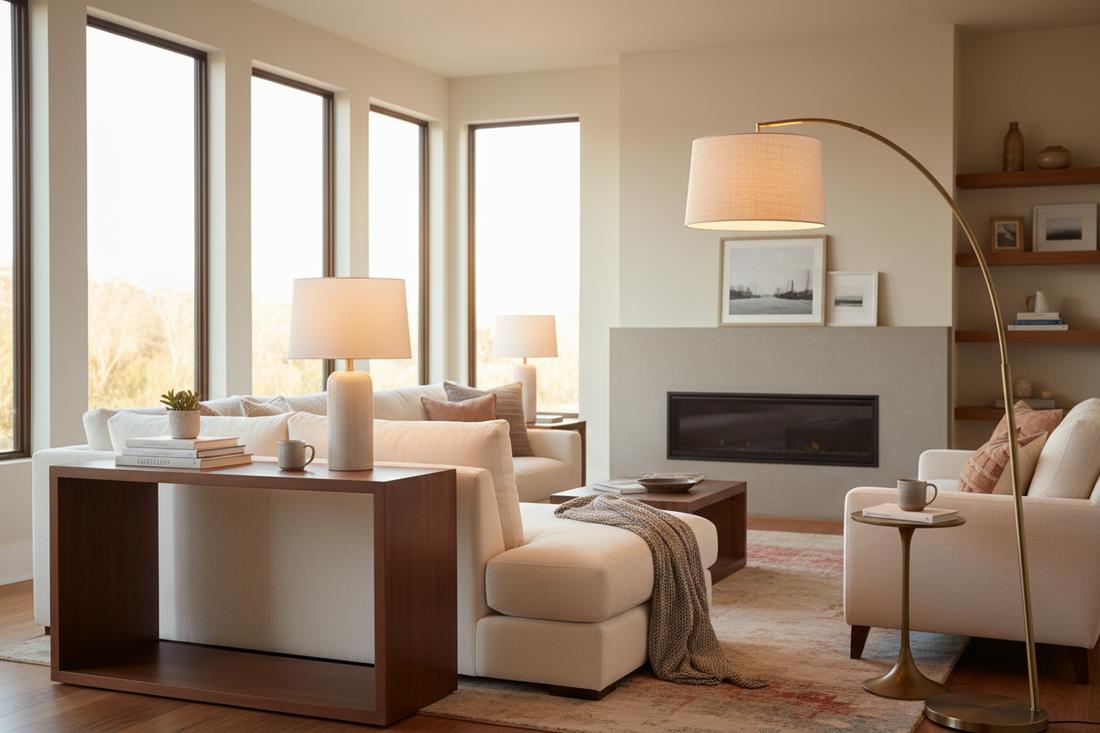 Modern living room with layered lighting, table lamps, a floor lamp and neutral furnishings