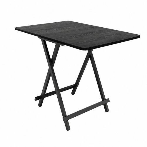 Black folding table with wood-grain top and metal legs.