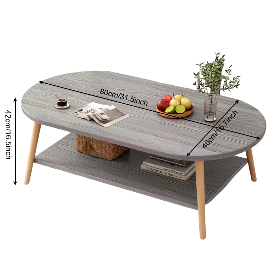 Gray wood-look oval coffee table with a lower shelf and light wood legs, shown on a white background with dimension lines indicating 80cm by 40cm.