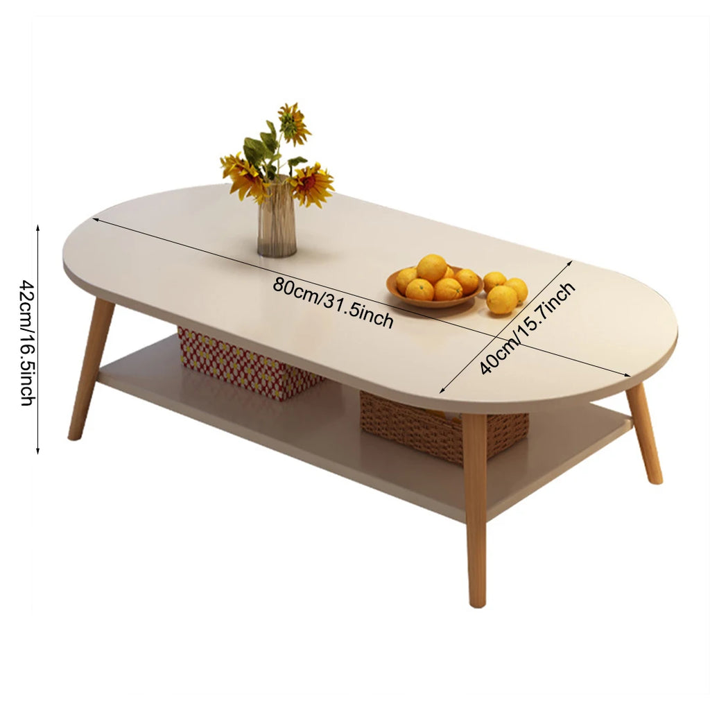 An oval coffee table with a light beige top, natural wood legs, and a lower shelf, shown on a white background with dimension lines and text indicating measurements of 80cm by 40cm.