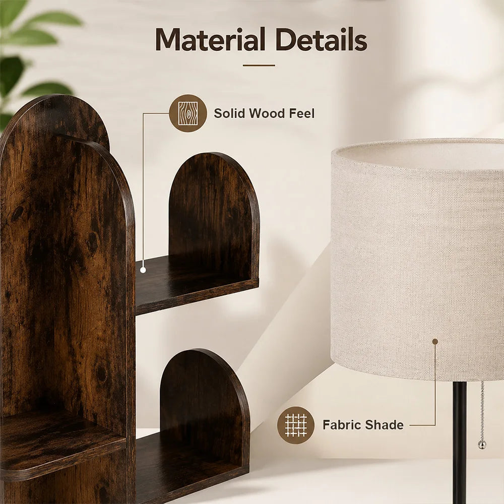 Material details graphic showing a dark brown wooden shelving unit next to a beige fabric lampshade, with text labels pointing to solid wood feel and fabric shade.