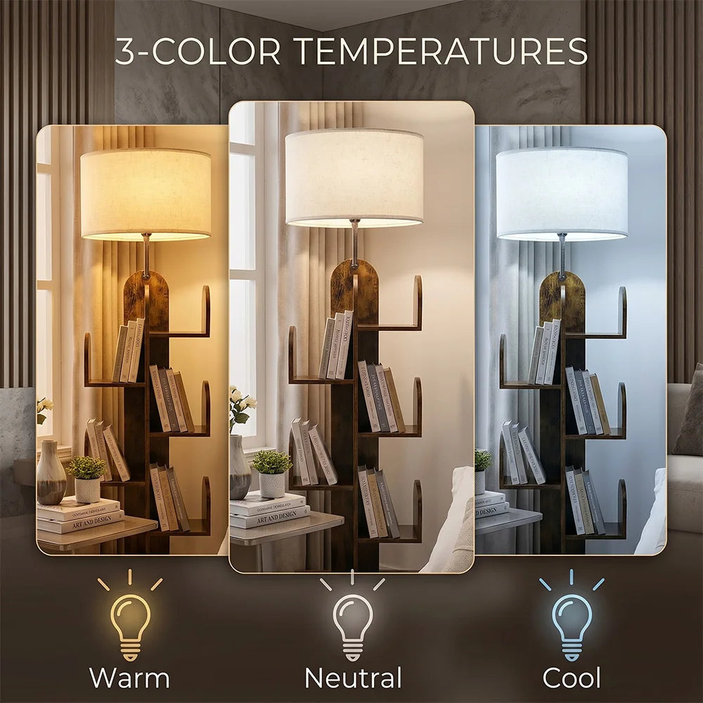 A promotional graphic showing a floor lamp in three different color temperature modes: Warm, Neutral, and Cool. The top text reads '3-COLOR TEMPERATURES'.