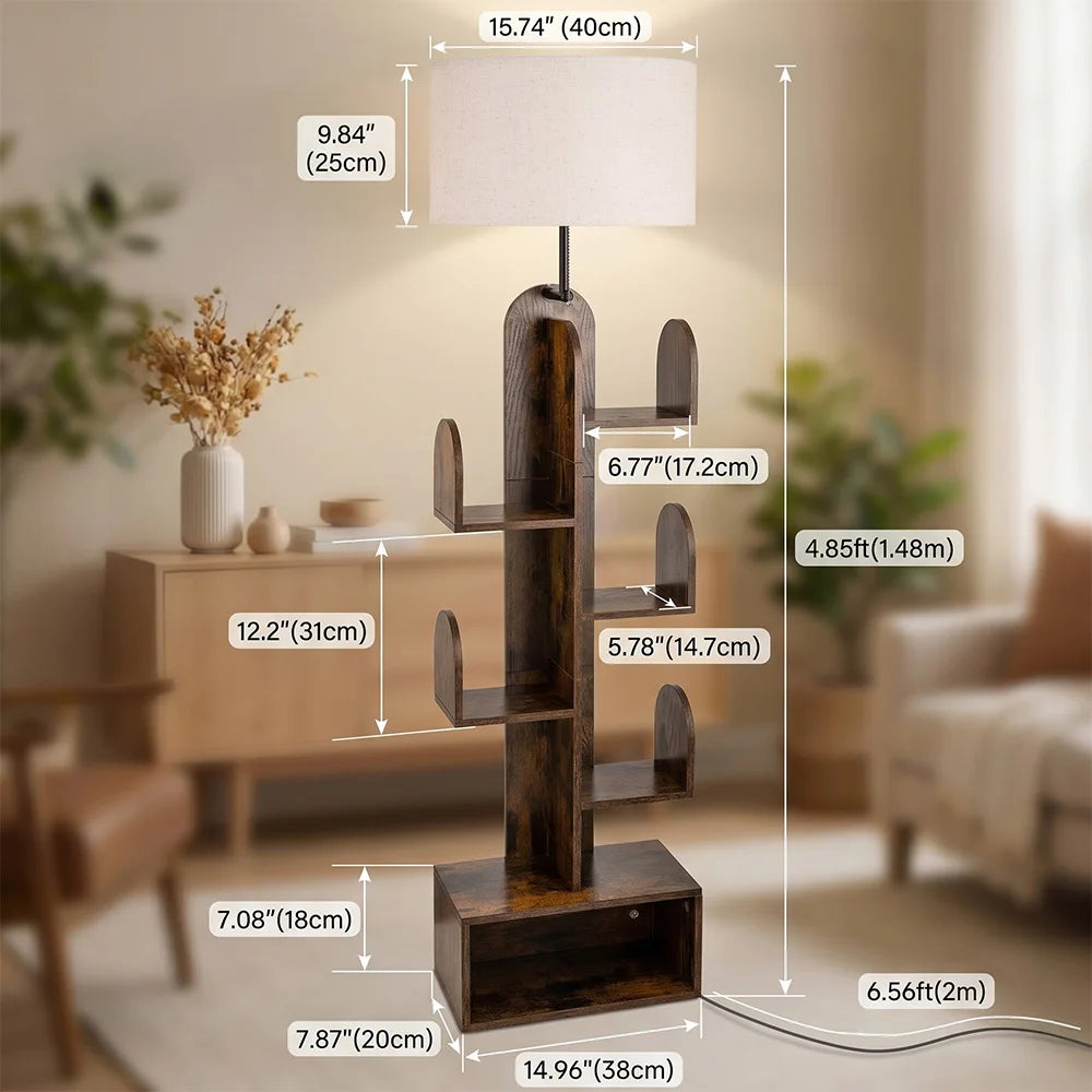 A wooden cactus-shaped floor lamp with a white rectangular shade, shown in a furnished living room with overlaid dimension labels and measurement lines indicating height, width, and depth.