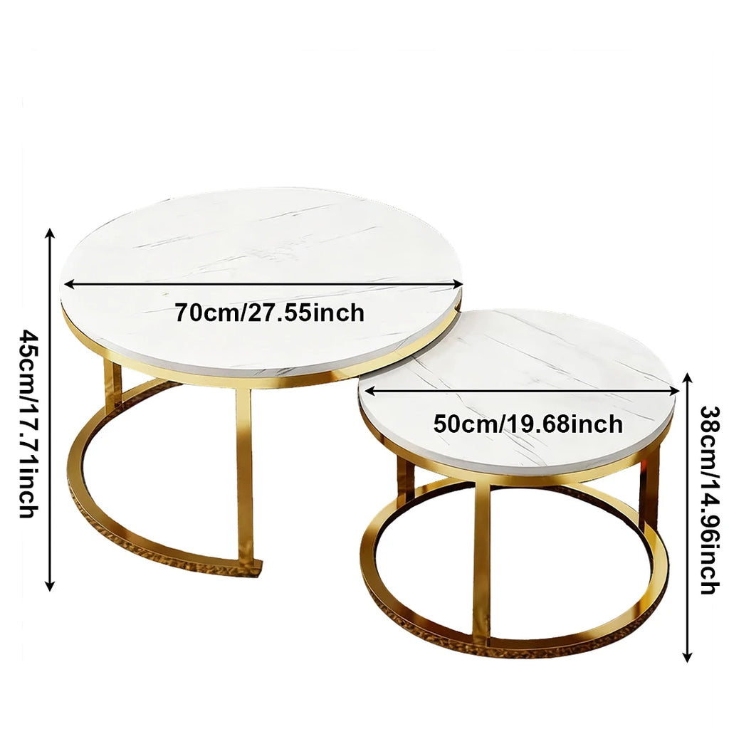 Two round nesting tables with white marble-patterned tops and gold metal bases, shown with dimension arrows and labels indicating 70cm/27.55inch diameter and 45cm/17.