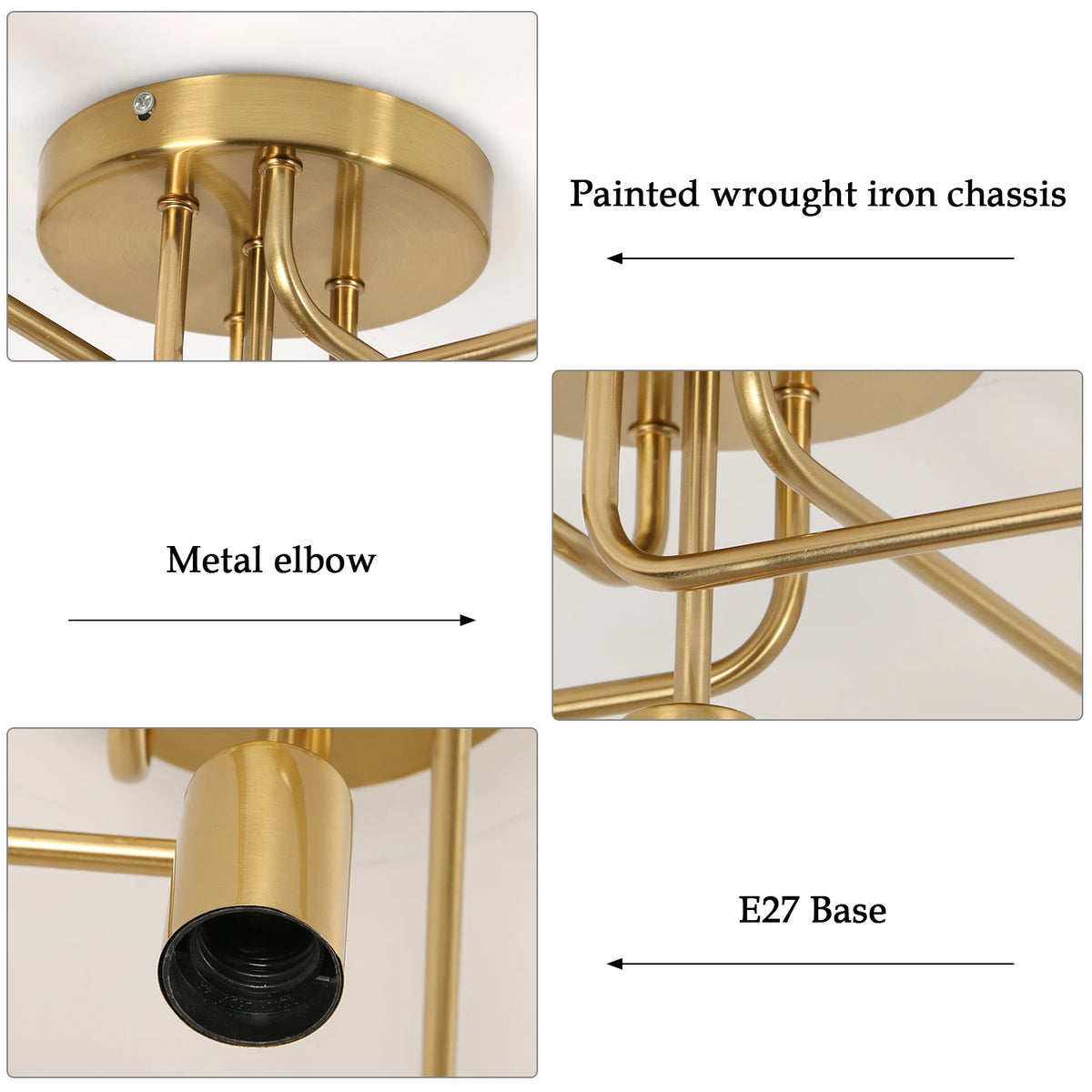 Gold ceiling light fixture with labeled parts on a white background