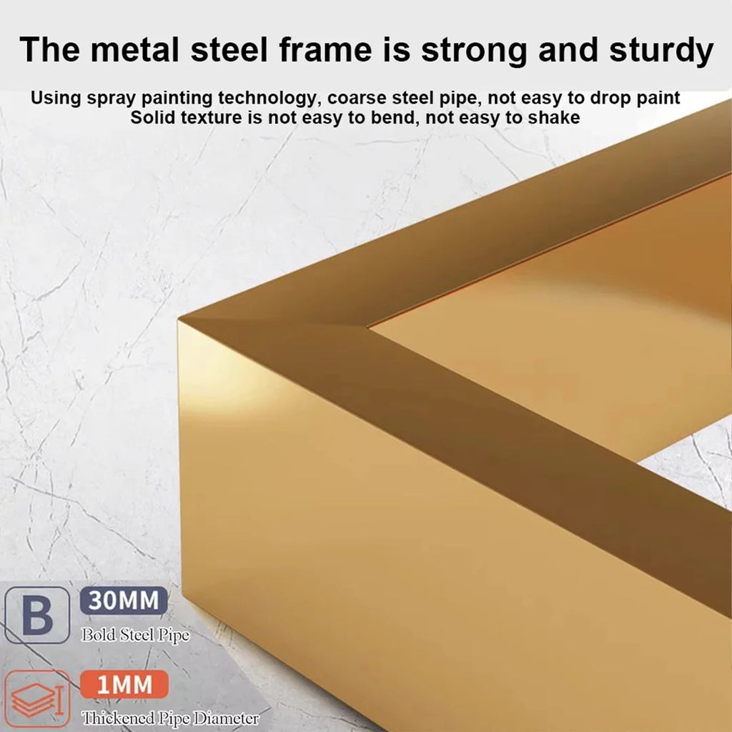 A close-up of a metallic gold picture frame corner with marketing text about its strong steel frame, spray painting, and dimensions on a light marble-style background.