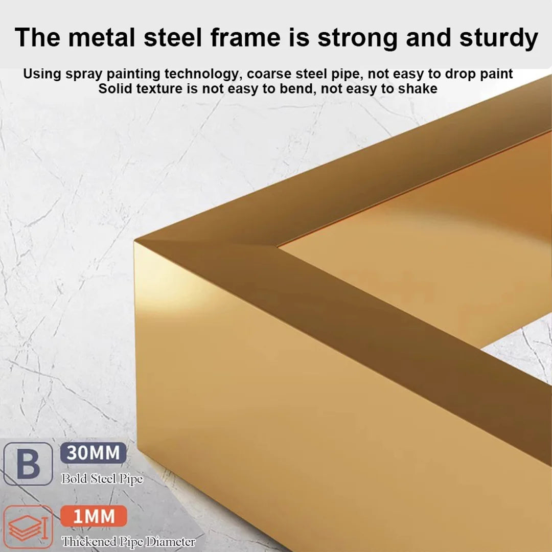 A close-up of a metallic gold picture frame corner with marketing text about its strong steel frame, spray painting, and dimensions on a light marble-style background.