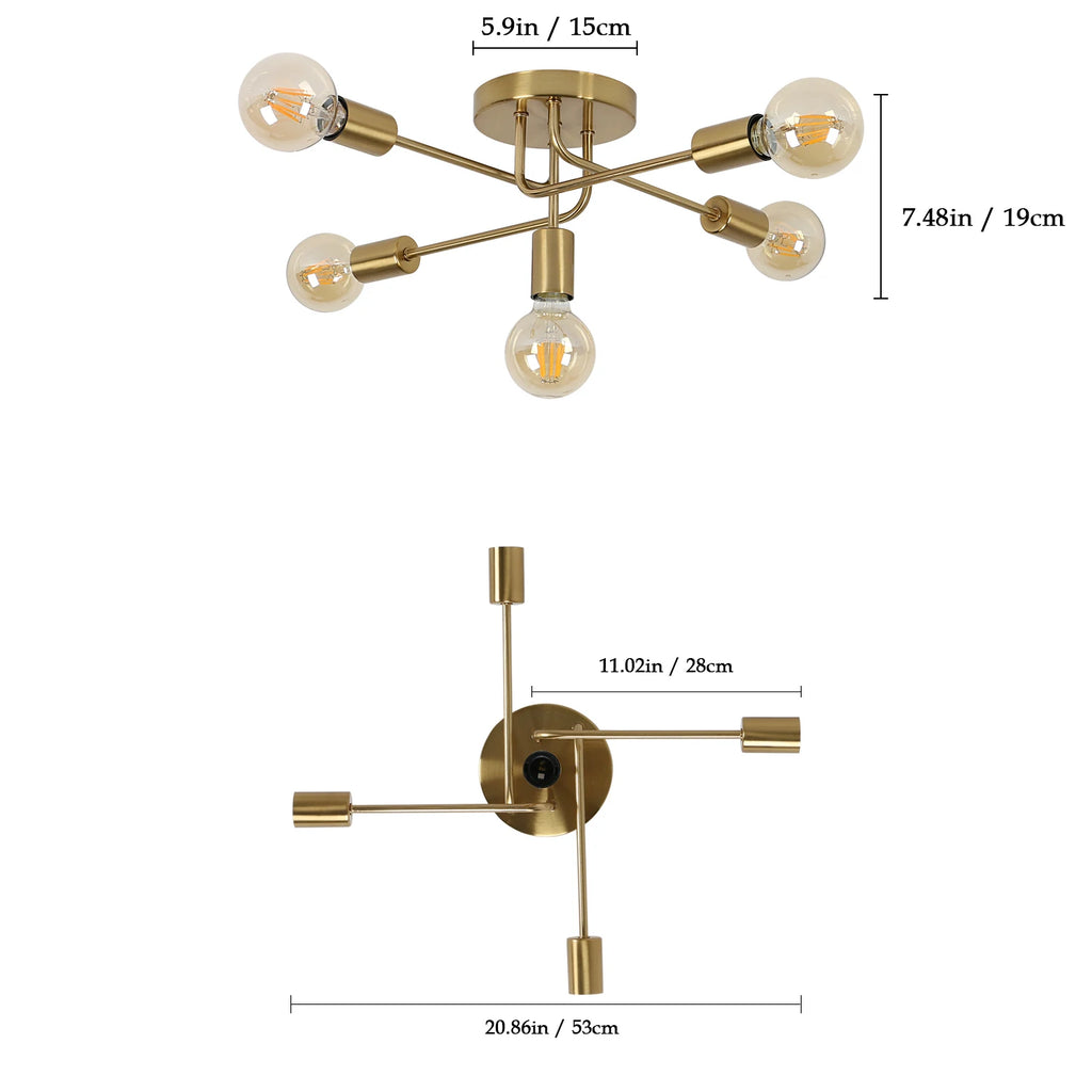 Gold ceiling light fixture with measurements on a white background