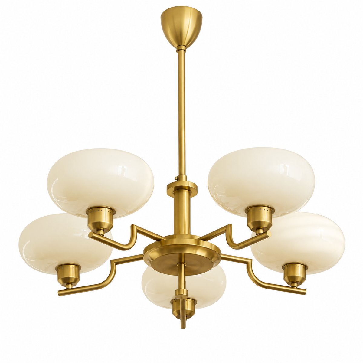 A five-light brass chandelier with oval white glass shades, shown against a solid white background.