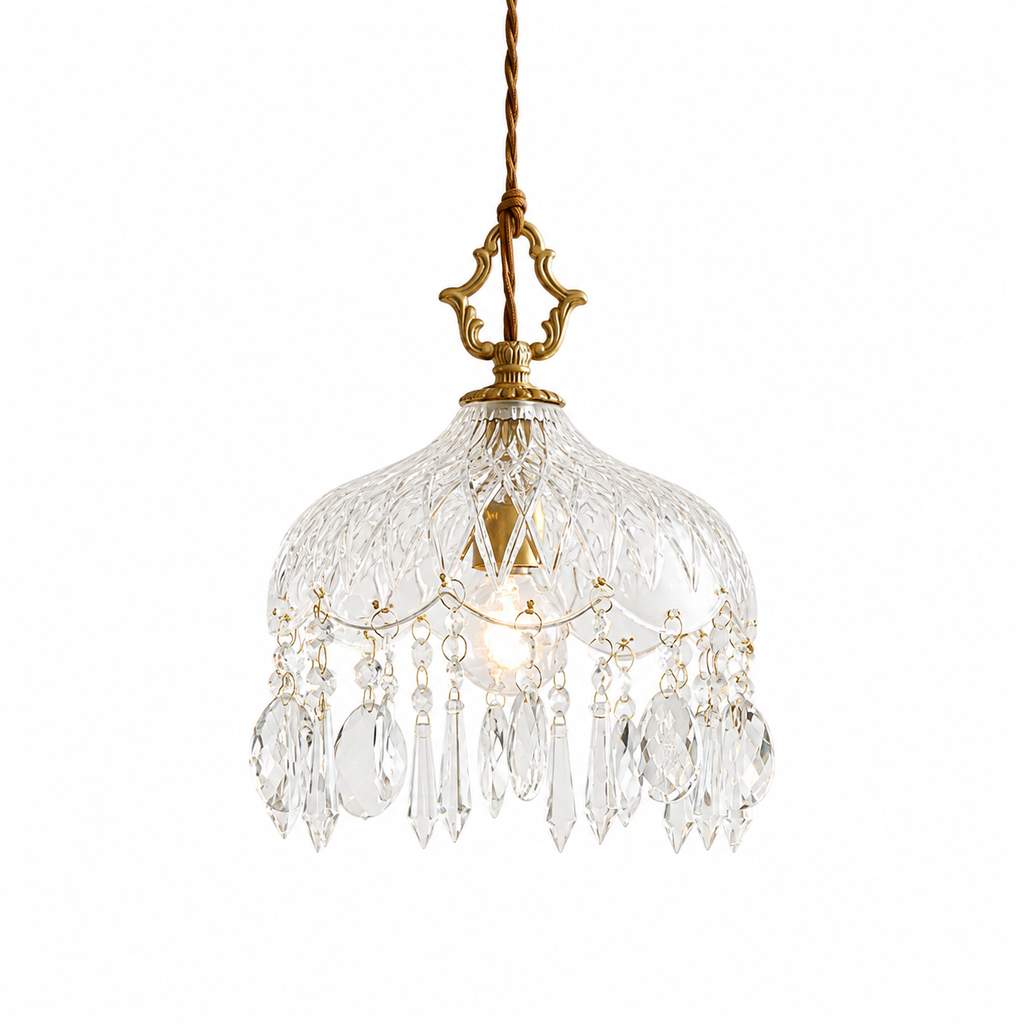 A vintage-style crystal chandelier pendant light with a gold-finished metal frame and clear cut glass shades, featuring dangling teardrop crystal prisms, shown against a plain white background.