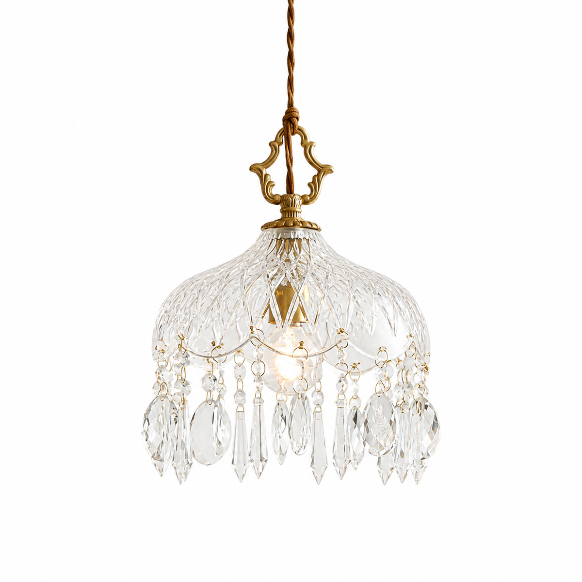 A vintage-style crystal chandelier pendant light with a gold-finished metal frame and clear cut glass shades, featuring dangling teardrop crystal prisms, shown against a plain white background.