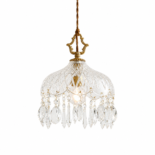 A vintage-style crystal chandelier pendant light with a gold-finished metal frame and clear cut glass shades, featuring dangling teardrop crystal prisms, shown against a plain white background.