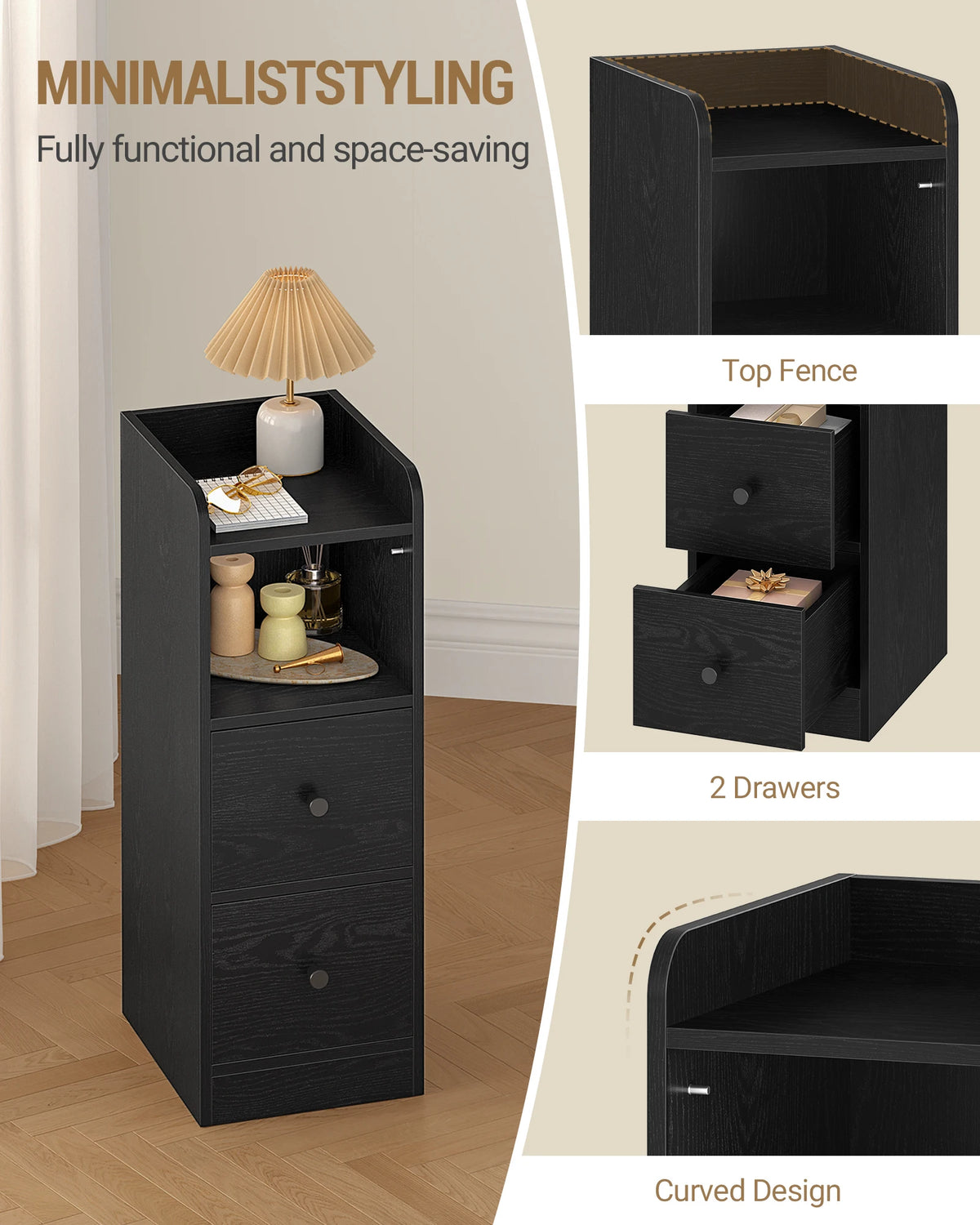 Black nightstand with lamp and decor items, featuring text on minimalist styling.