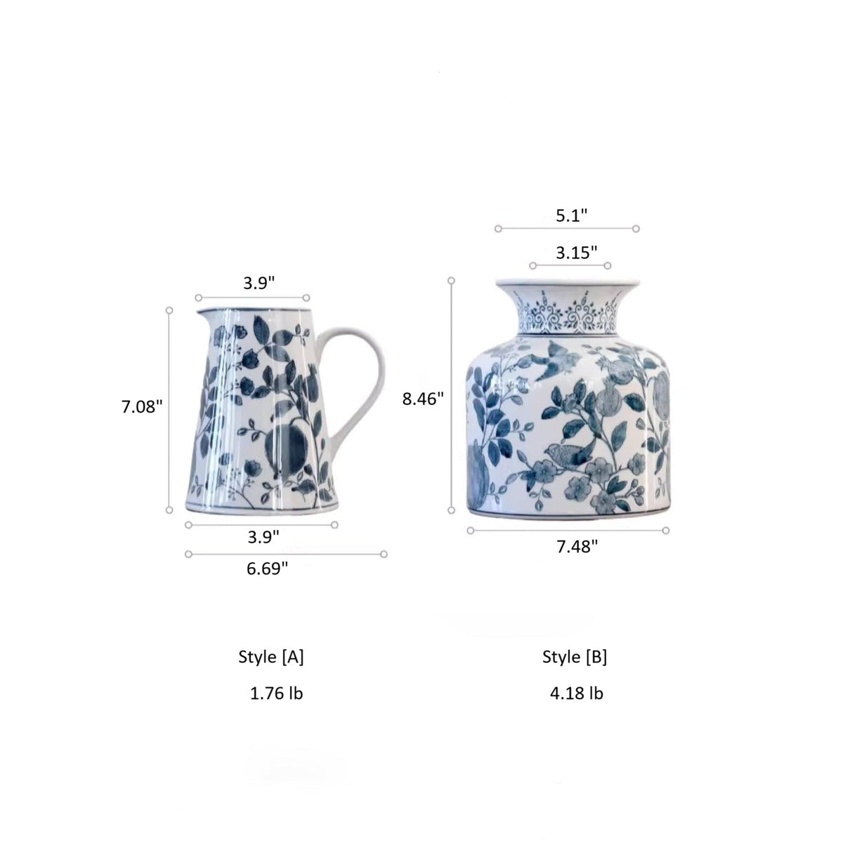 Dimensions and weight comparison of two ceramic pitchers with blue floral patterns on a white background.
