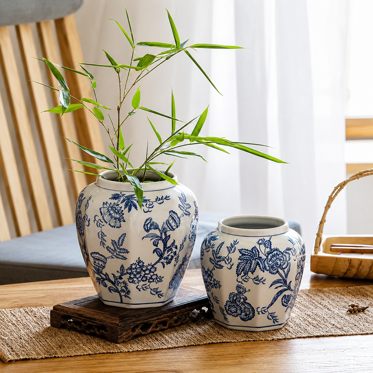 Blue & White Botanical Ceramic Vase – Decorative Floral Table Vase