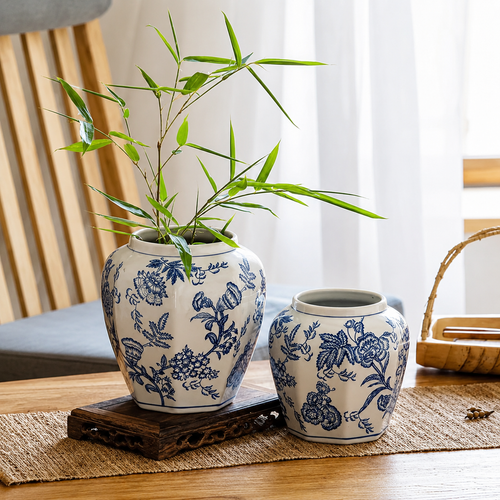 Blue & White Botanical Ceramic Vase – Decorative Floral Table Vase