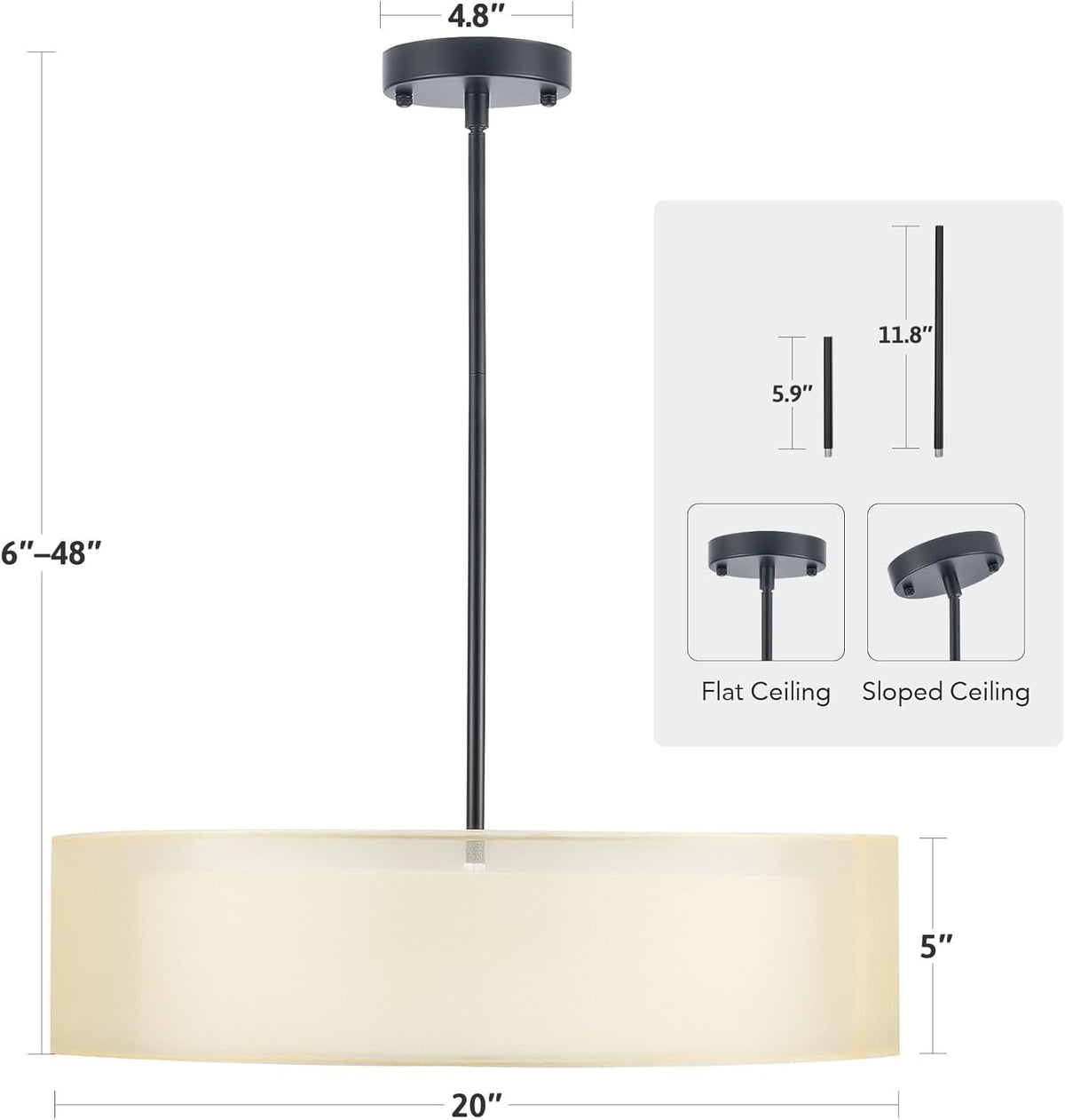 Pendant light with dimensions and installation instructions on a white background
