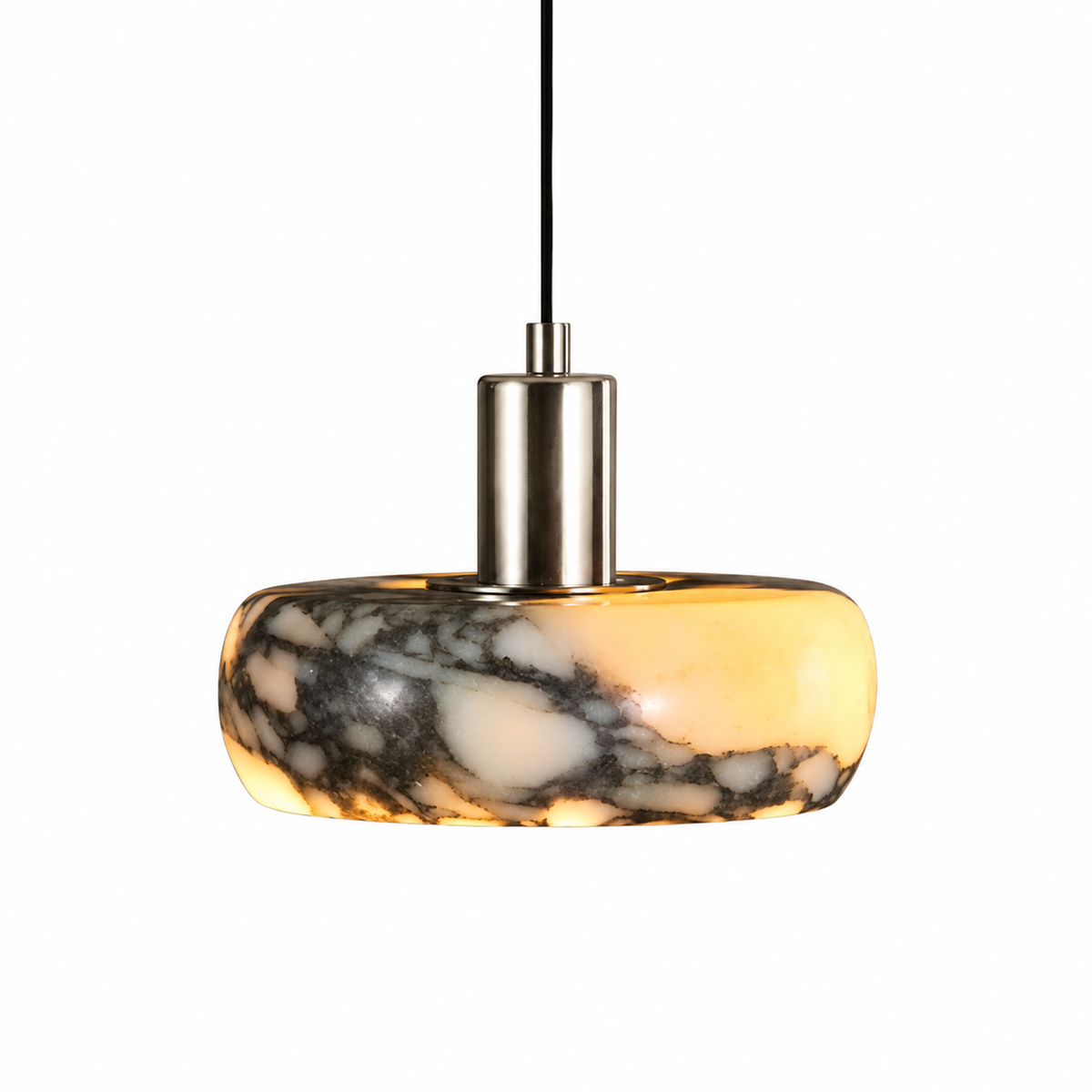 A modern pendant light with a thick, rounded disc-shaped shade made of marbled stone in cream, gray, and black, suspended from a brushed metal cylinder by a black cord against a white background.