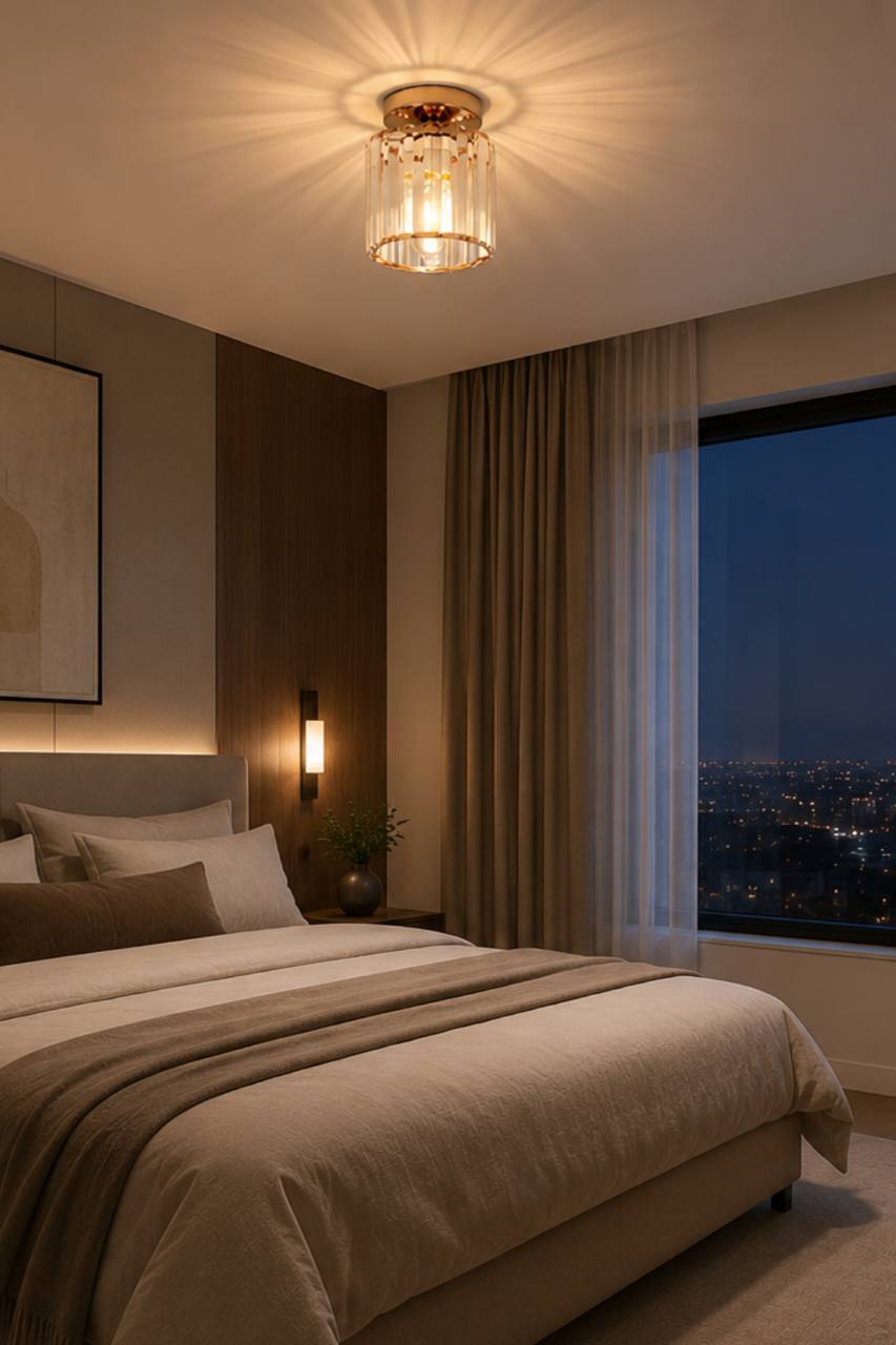 A modern bedroom interior featuring a bed dressed in beige and brown linens, a wall-mounted sconce, a ceiling light fixture with a warm sunburst effect, and a large window showing a city view at night.