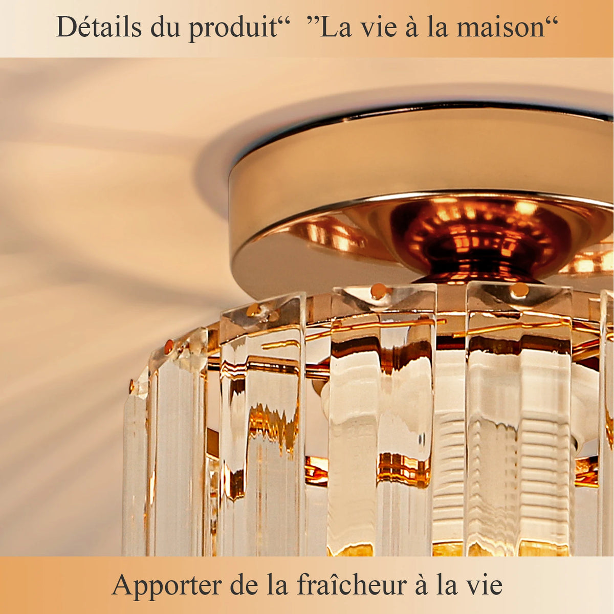 Ceiling light fixture with crystal details on a beige background