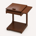 Dark brown wooden C-shaped side table with pull-out shelf and wheeled base.
