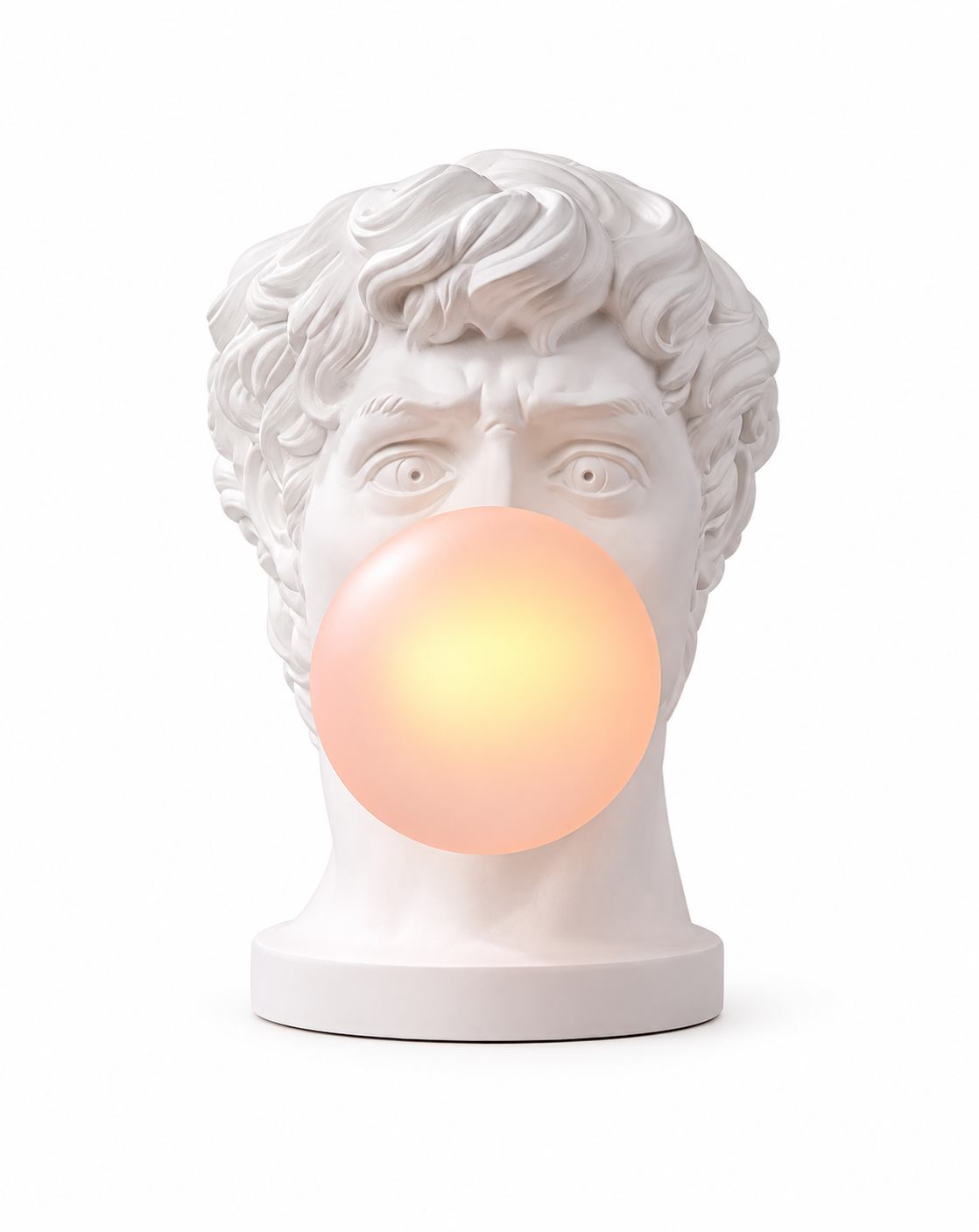 A white classical-style bust sculpture of a man blowing a glowing orange bubble, photographed on a clean white background.