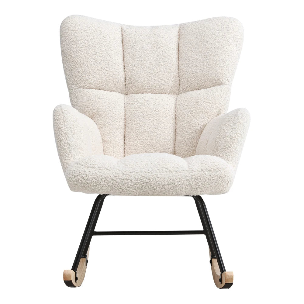 White textured armchair with black metal legs on a white background