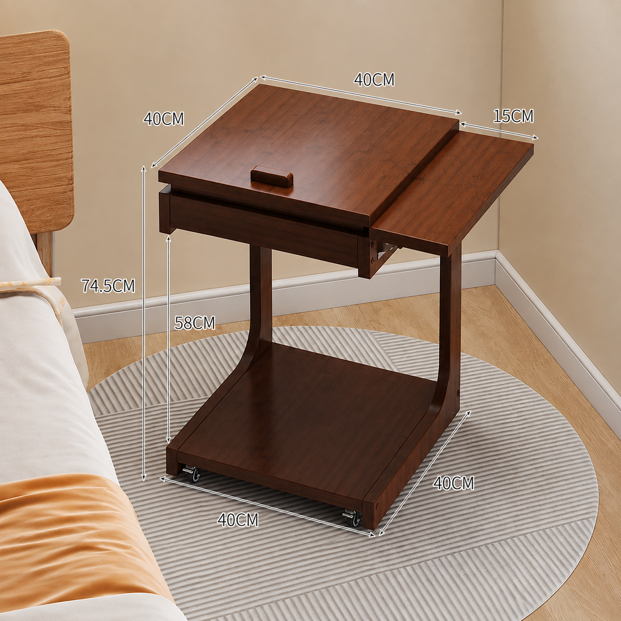 Mobile Bamboo Side Table with Adjustable Top & Hidden Storage
