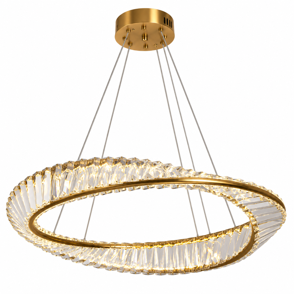 A modern double-ring LED chandelier with a brushed gold finish and clear faceted glass prisms, suspended by thin cables from a matching gold ceiling canopy.
