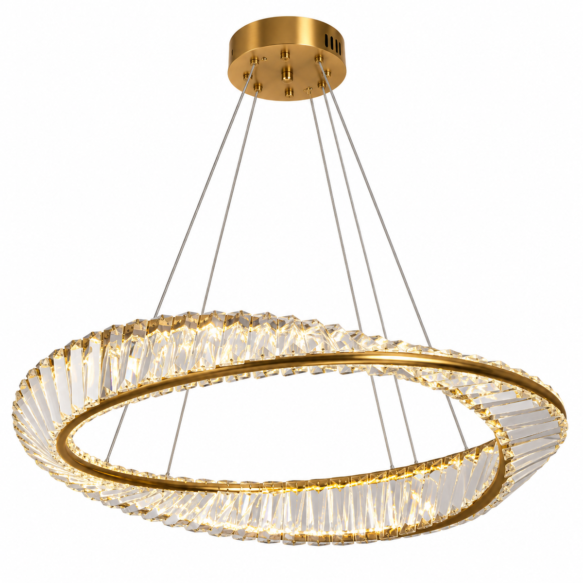 A modern double-ring LED chandelier with a brushed gold finish and clear faceted glass prisms, suspended by thin cables from a matching gold ceiling canopy.