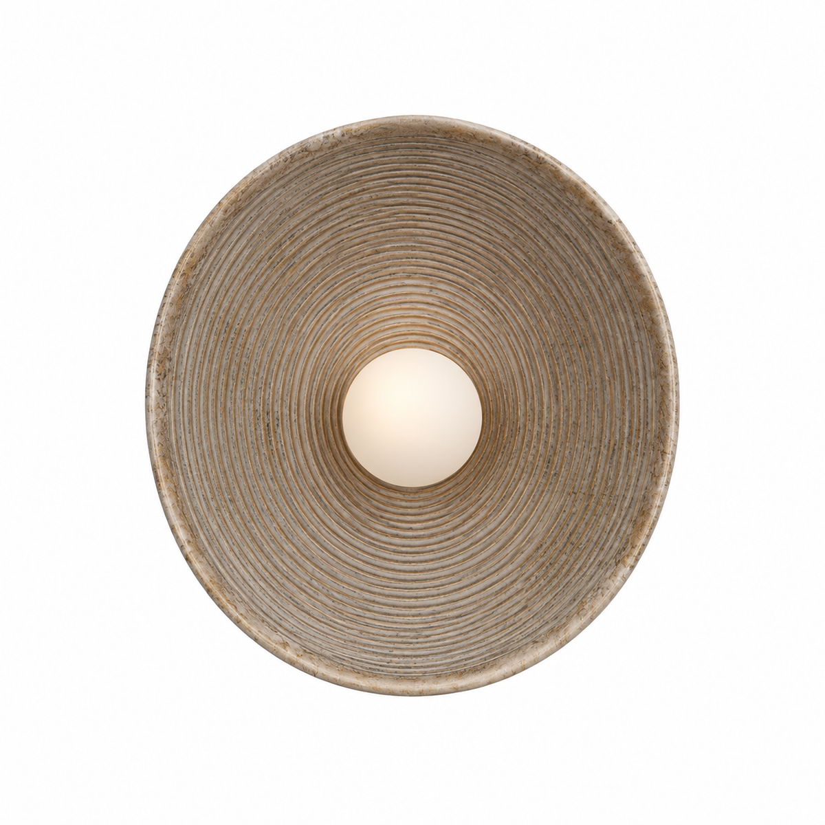 A top-down view of a round, textured ceramic bowl or light fixture shade in a warm beige and brown glaze, with a glowing warm white light bulb centered inside, set against a solid white background.