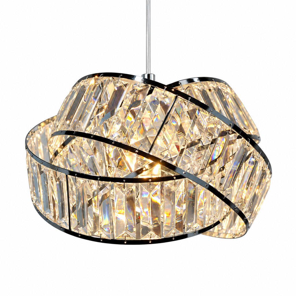 A modern multi-tiered crystal chandelier pendant light with clear faceted glass panels and polished silver-tone metal bands, suspended by a slim silver rod against a plain white background.