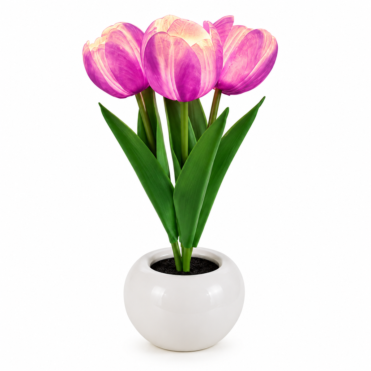 Three pink tulips table lamp with green leaves and stems in a glossy white round ceramic pot, photographed on a clean white background.
