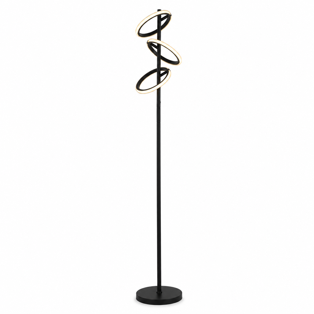 A modern spiral LED floor lamp with a black pole and circular base, featuring three interlocking spiral rings at the top with a gold inner trim, set against a plain white background.