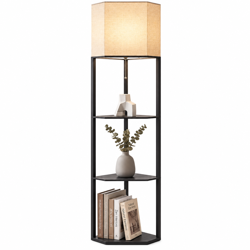 A tall black metal floor shelf with a hexagonal lamp base and four open shelves, styled with a beige fabric lamp, ceramic vase with dried branches, and books, on a white background.