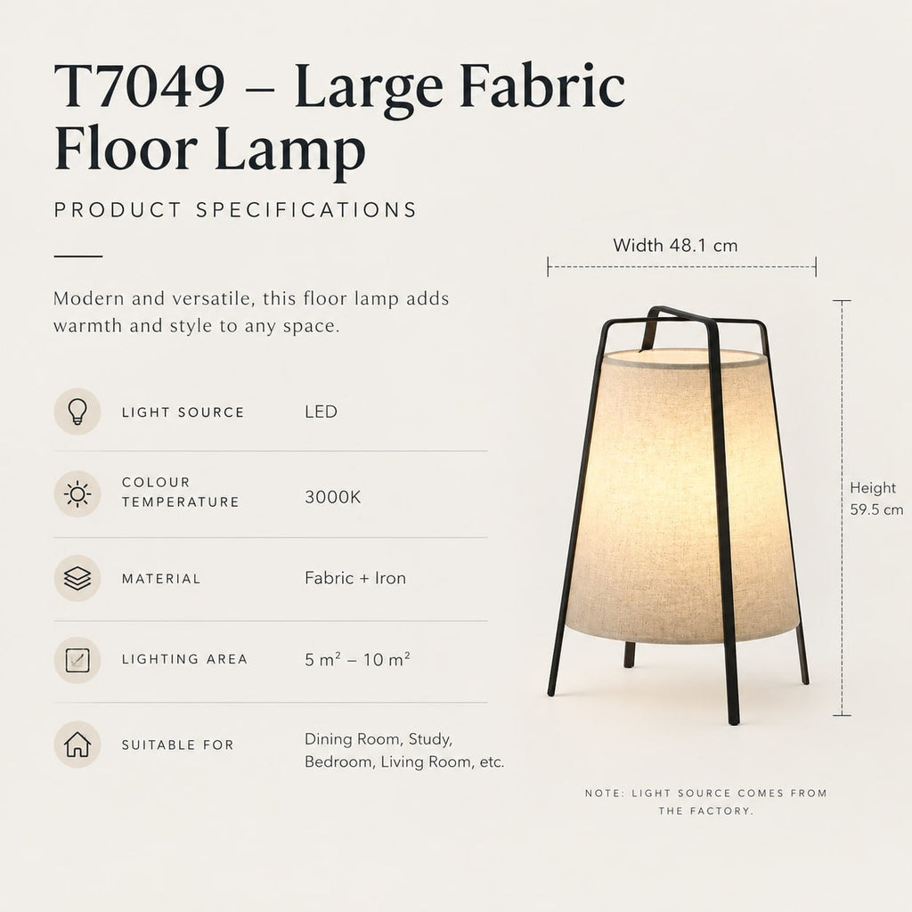 Product information graphic for the T7049 Large Fabric Floor Lamp, showing a lamp with dimension callouts for width 48.1 cm and height 59.