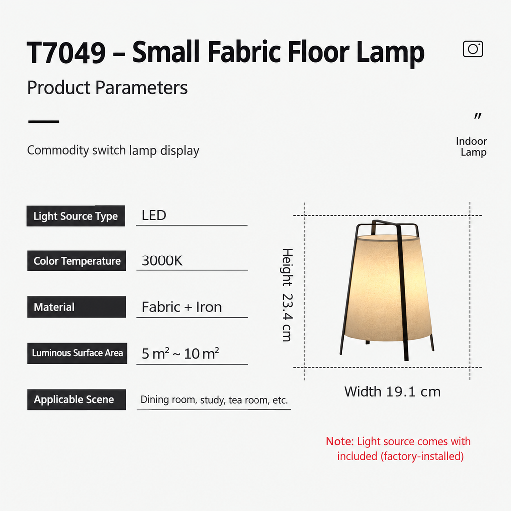 Product parameters diagram for a T7049 Small Fabric Floor Lamp, showing a rendered lamp with dimensions (height 23.4 in, width 19.