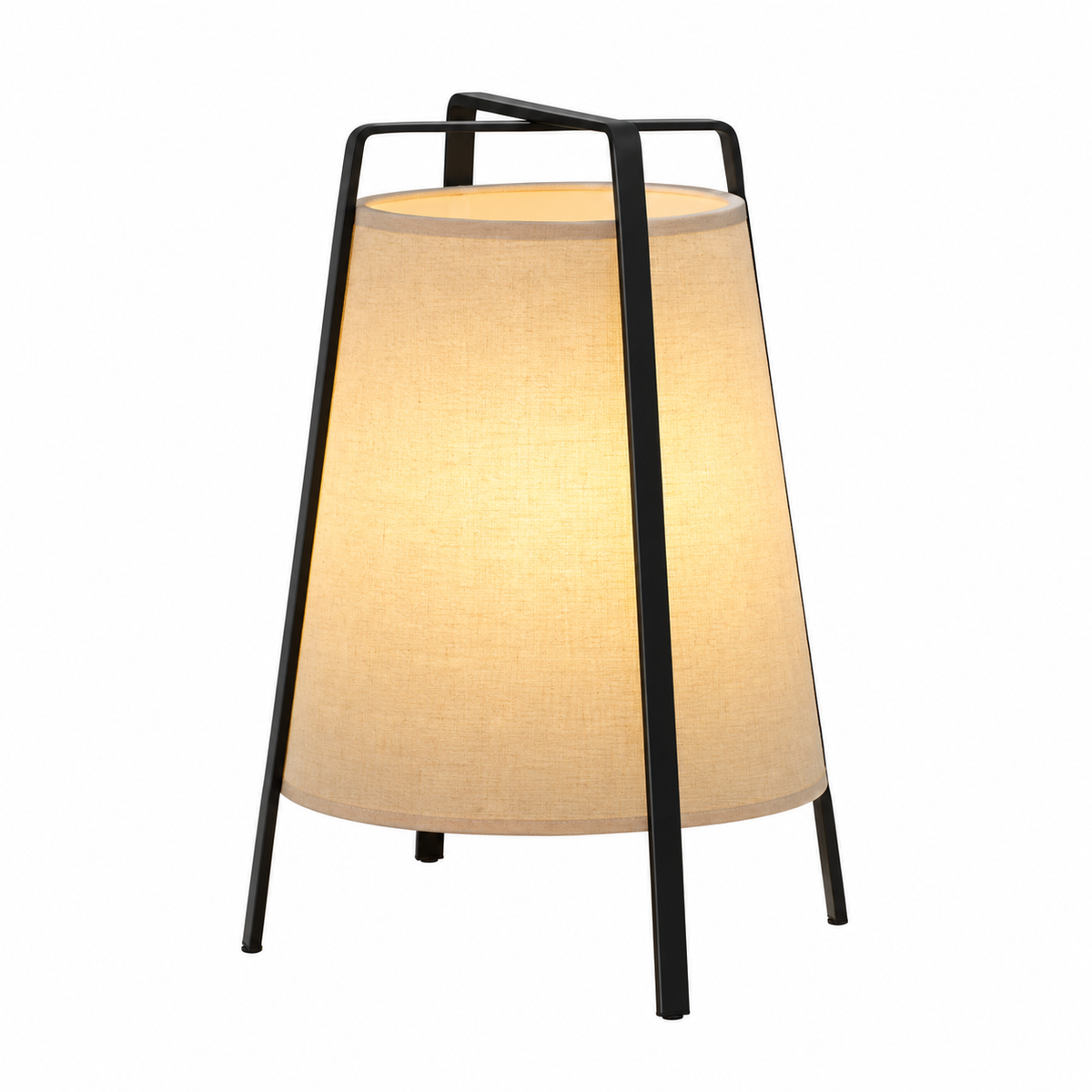 A modern table lamp with a black metal frame and a warm beige fabric drum shade, shown illuminated against a plain white background.