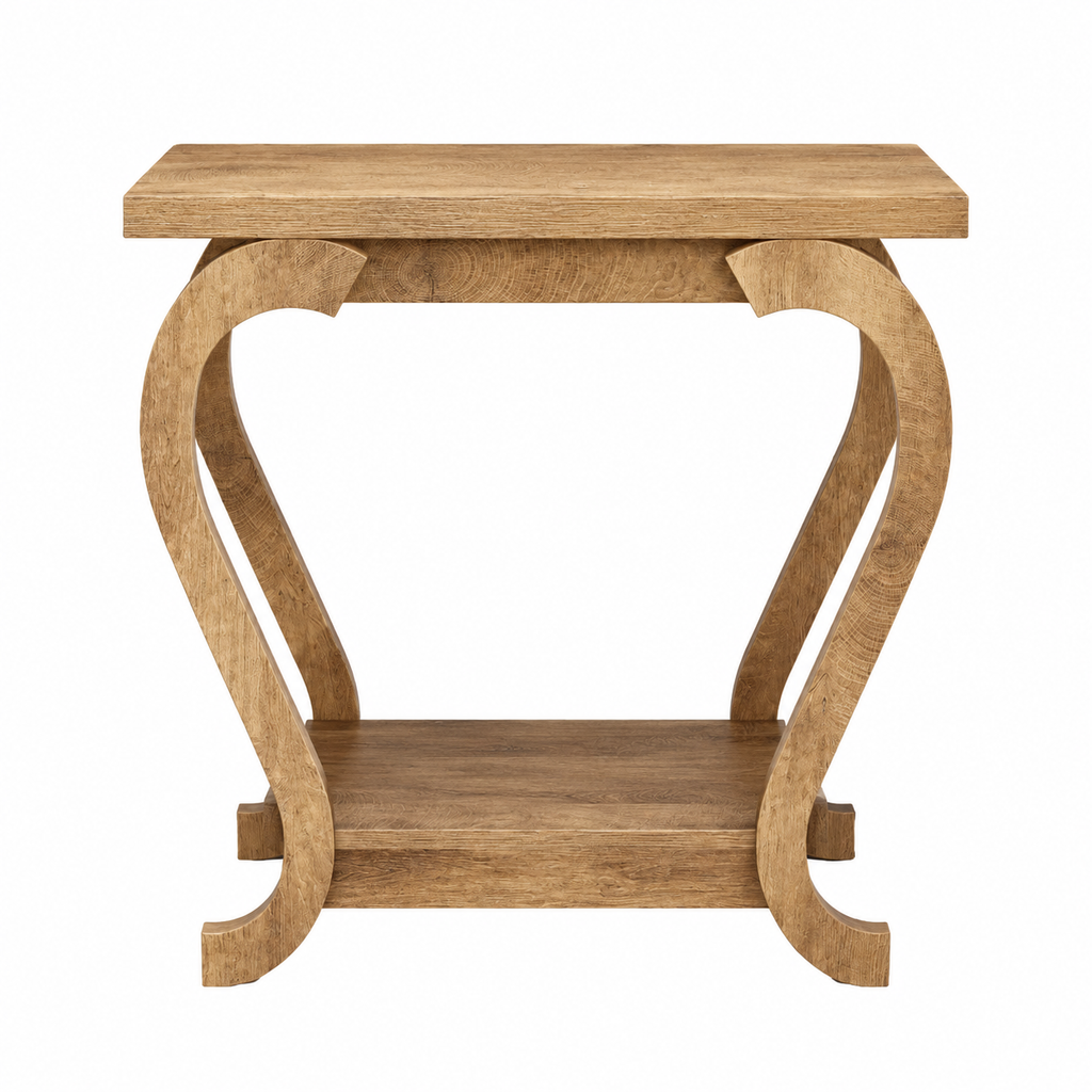 A rustic wooden console table with a natural oak finish, featuring curved scrollwork legs and a lower shelf, shown against a plain white background.