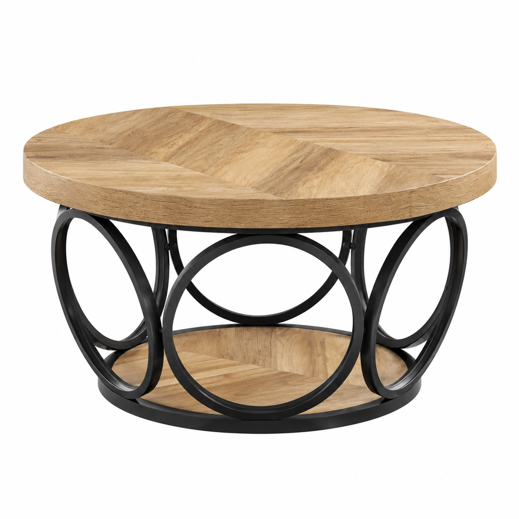 Round Rustic Wooden Coffee Table with 2-Tier Storage