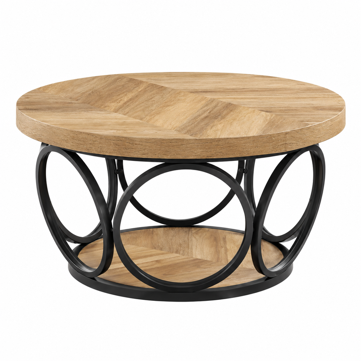 Round Rustic Wooden Coffee Table with 2-Tier Storage