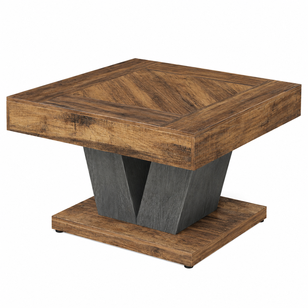 A square wooden end table with a rustic brown wood-grain top and base, supported by a dark gray geometric pedestal base in the center, shown on a plain white background.