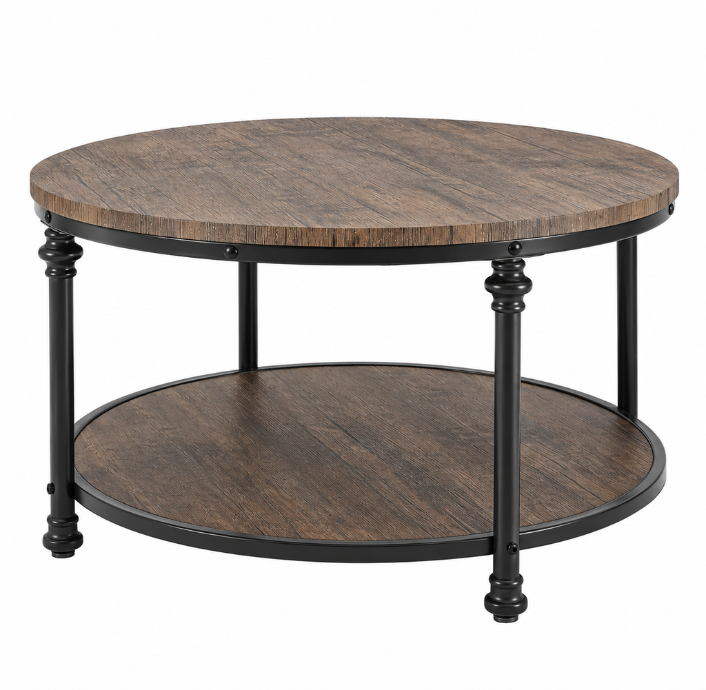 Round coffee table with a rustic brown wood-grain top and lower shelf, supported by a black metal frame with turned legs.