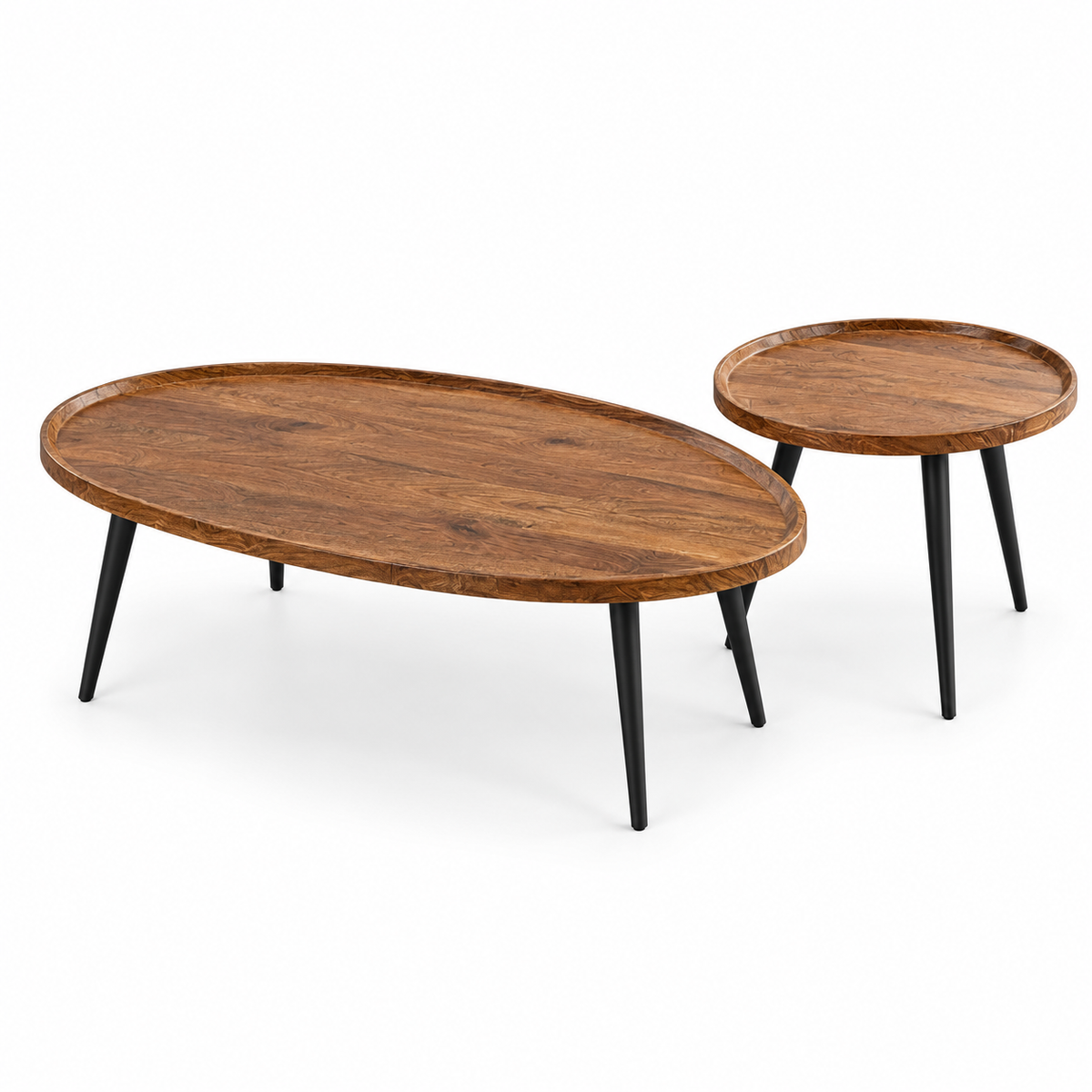 An oval wooden coffee table with black tapered legs next to a matching round wooden side tray, shown on a clean white background.