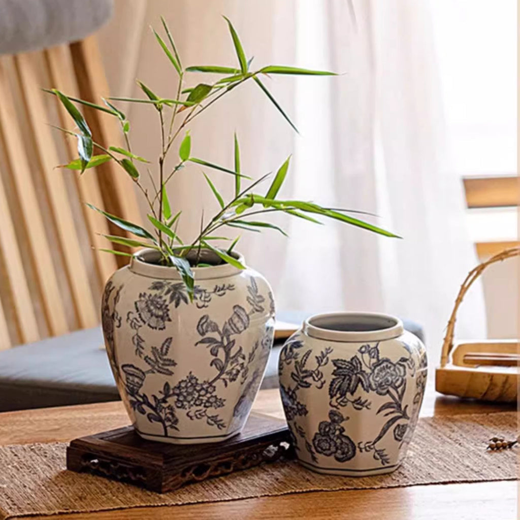 Blue & White Botanical Ceramic Vase – Decorative Floral Table Vase