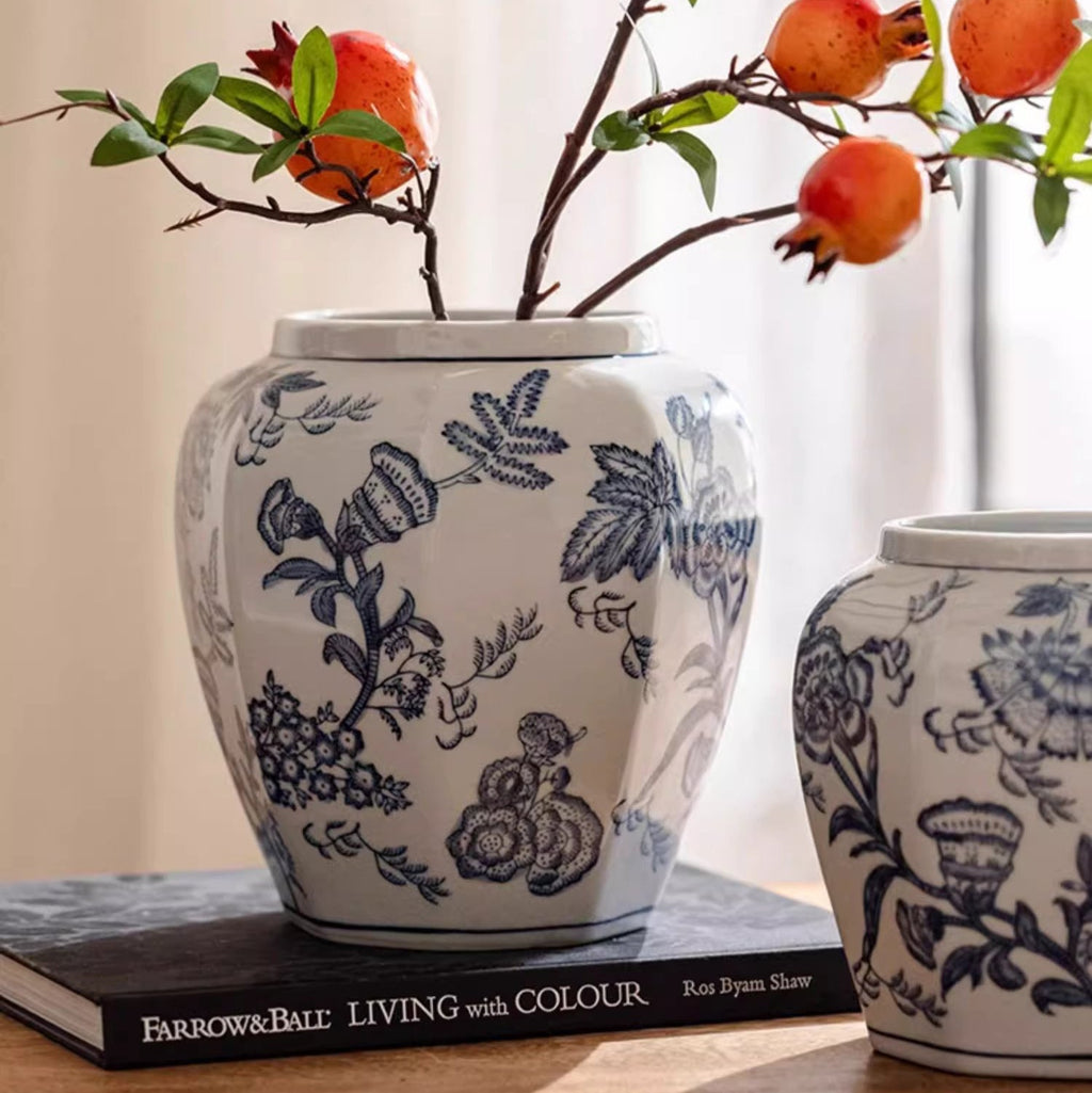 Blue & White Botanical Ceramic Vase – Decorative Floral Table Vase