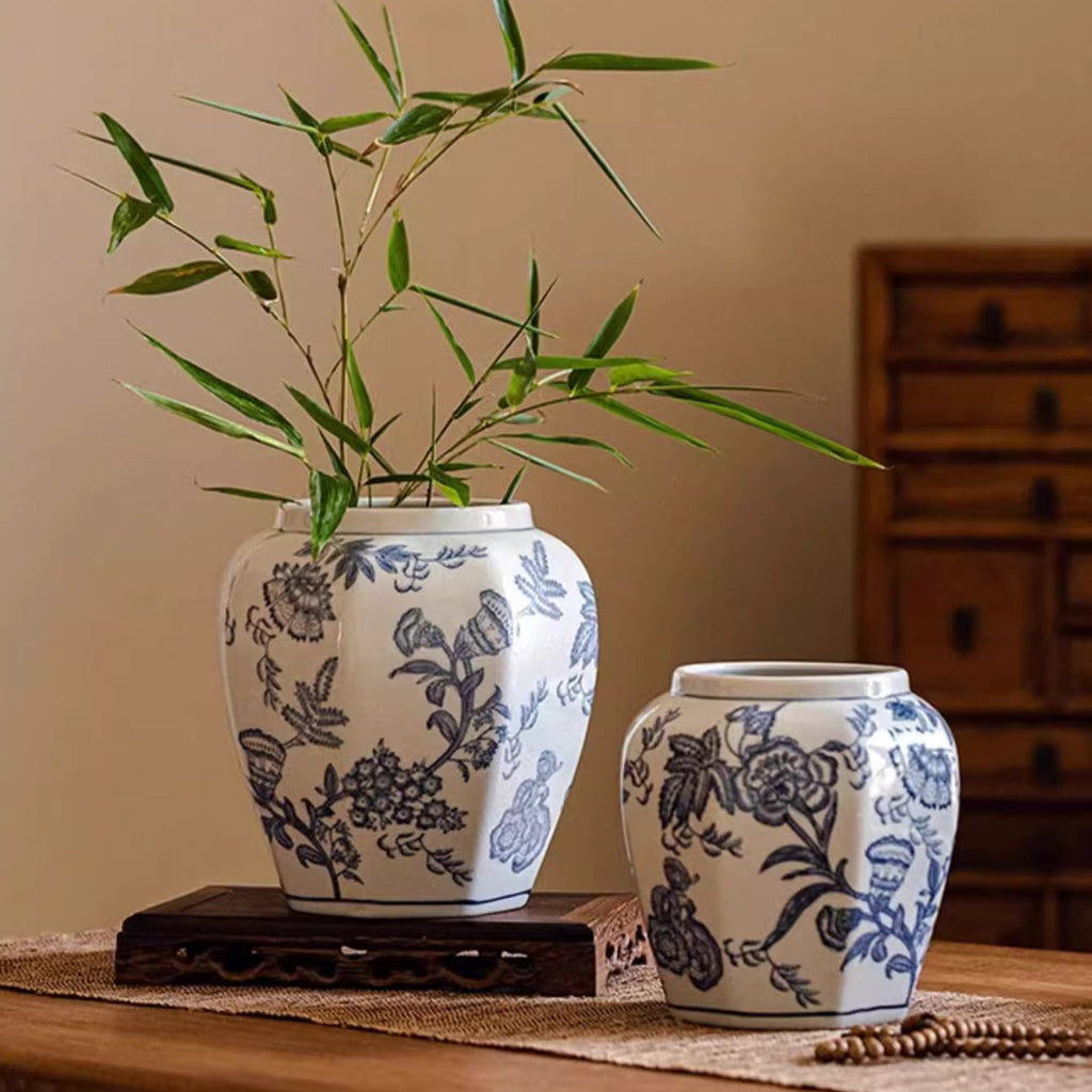 Blue & White Botanical Ceramic Vase – Decorative Floral Table Vase