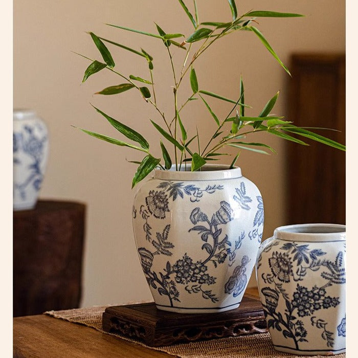 Blue & White Botanical Ceramic Vase – Decorative Floral Table Vase