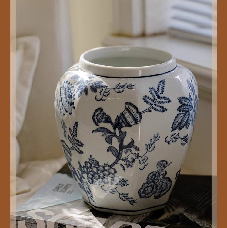 Blue & White Botanical Ceramic Vase – Decorative Floral Table Vase
